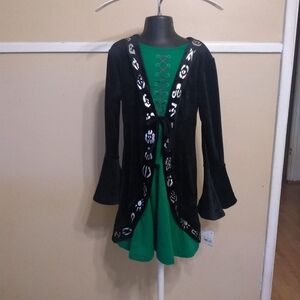 Black and Green Lace-Up Dress with Bell Sleeves